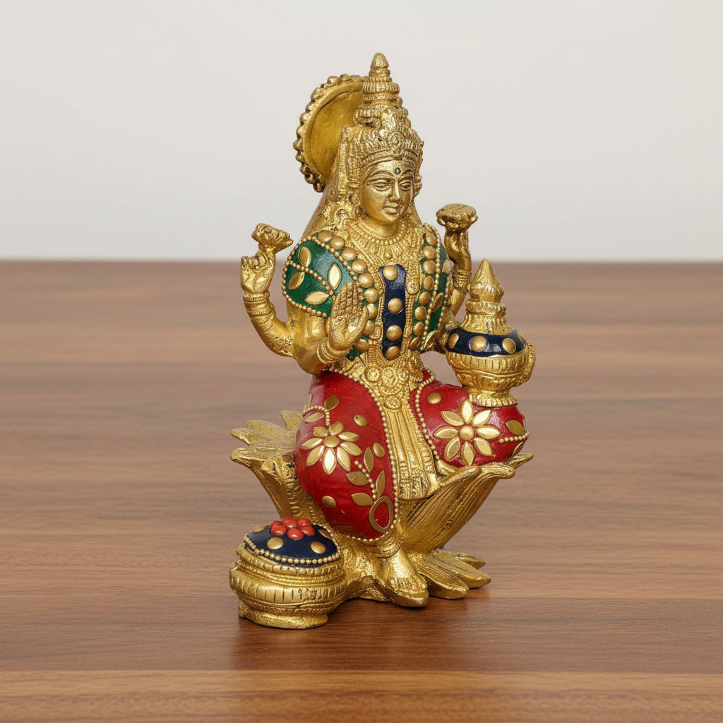 Brass Lakshmi Statue with Stonework – Divine Décor for Home & Office Temple