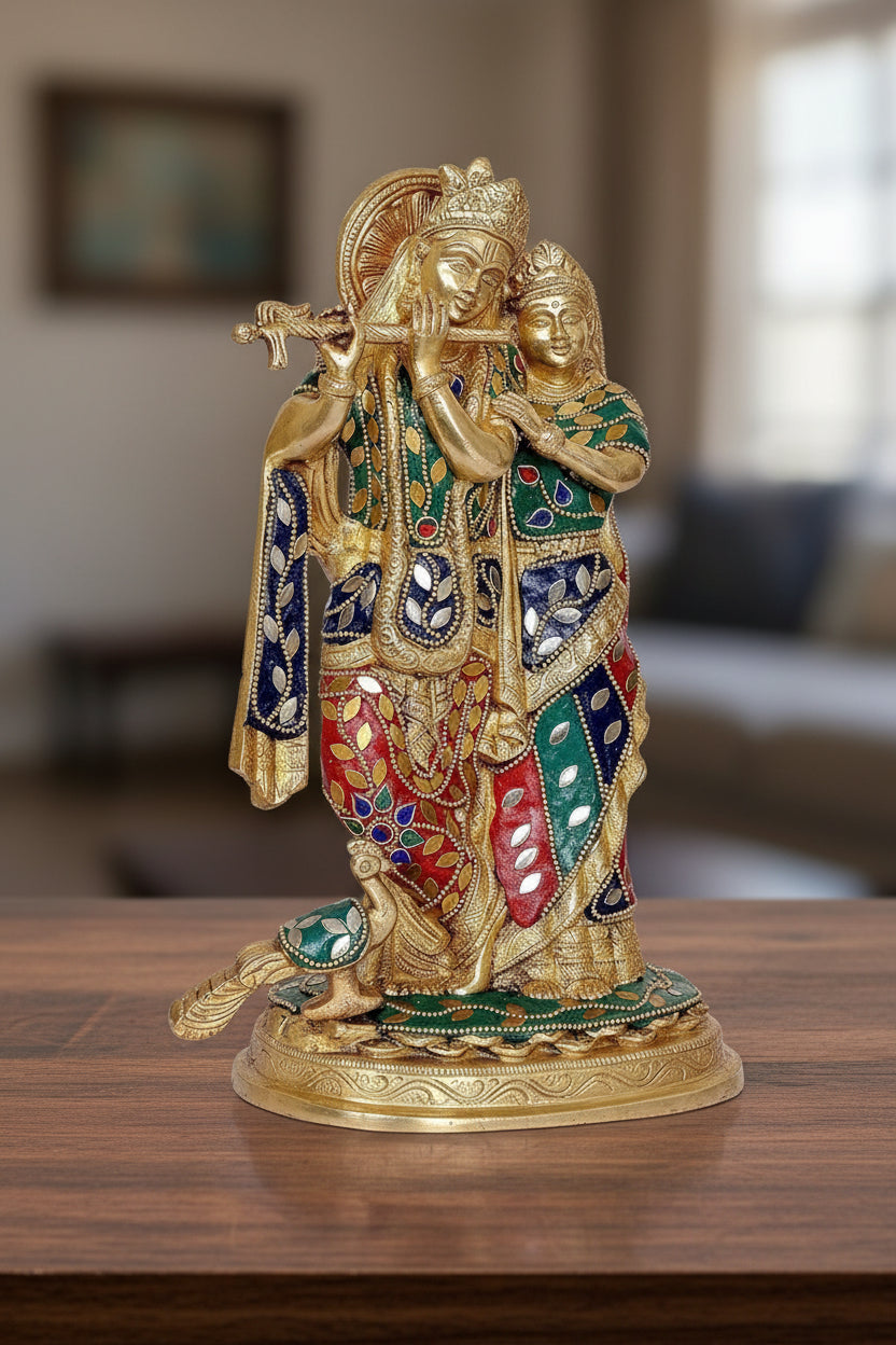 Brass Radha Krishna Playing Flute with Peacock Statue – Stonework Décor