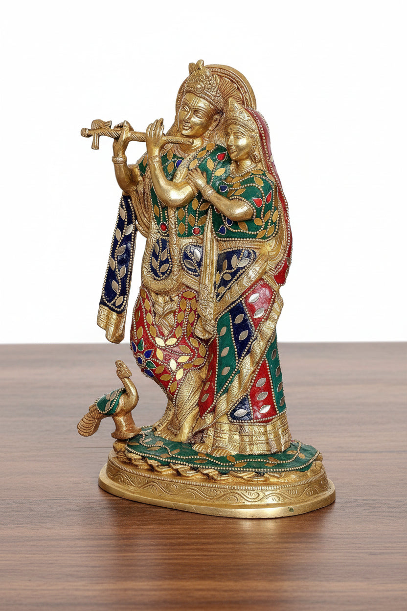 Brass Radha Krishna Playing Flute with Peacock Statue – Stonework Décor