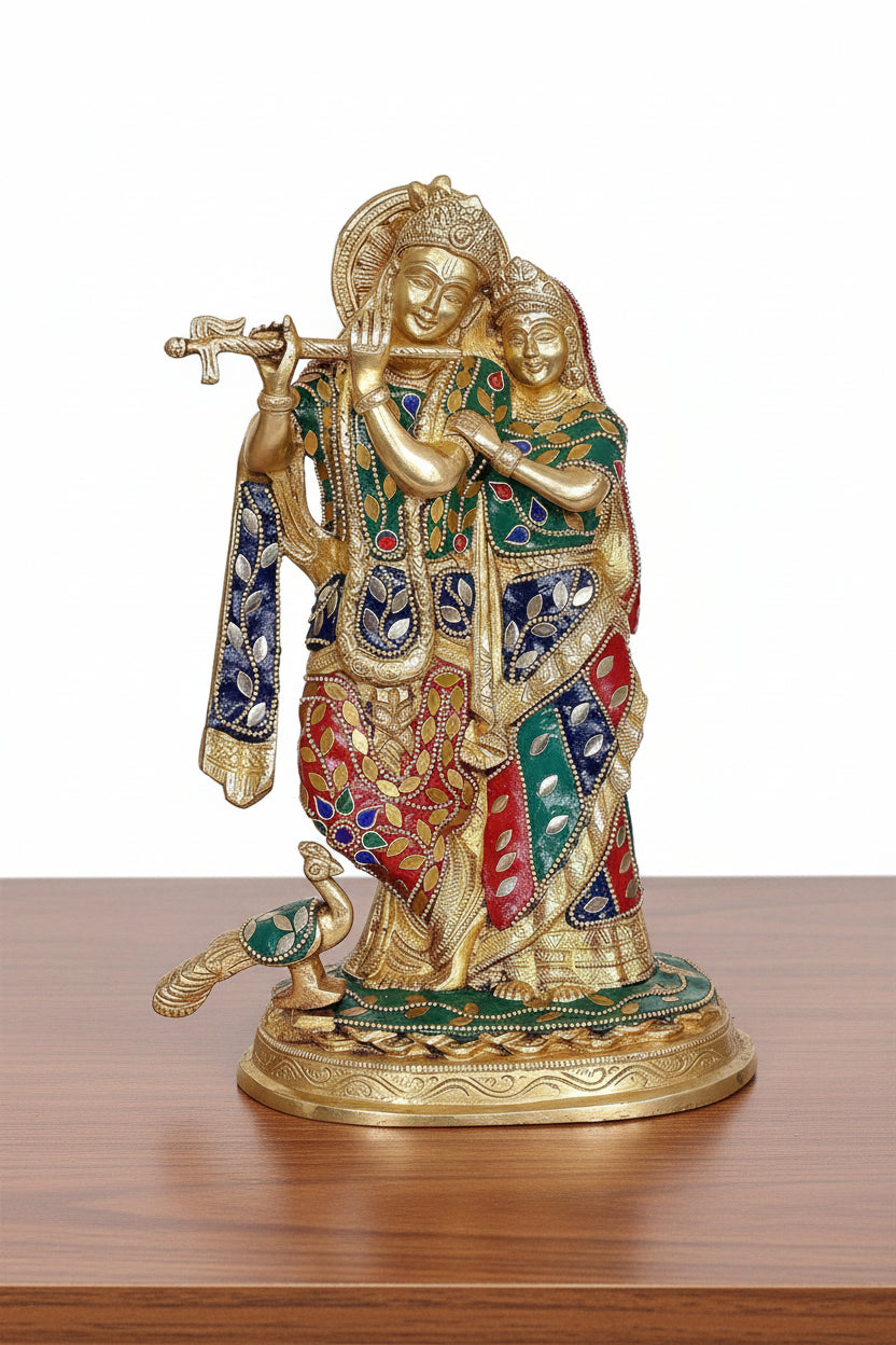 Brass Radha Krishna Playing Flute with Peacock Statue – Stonework Décor