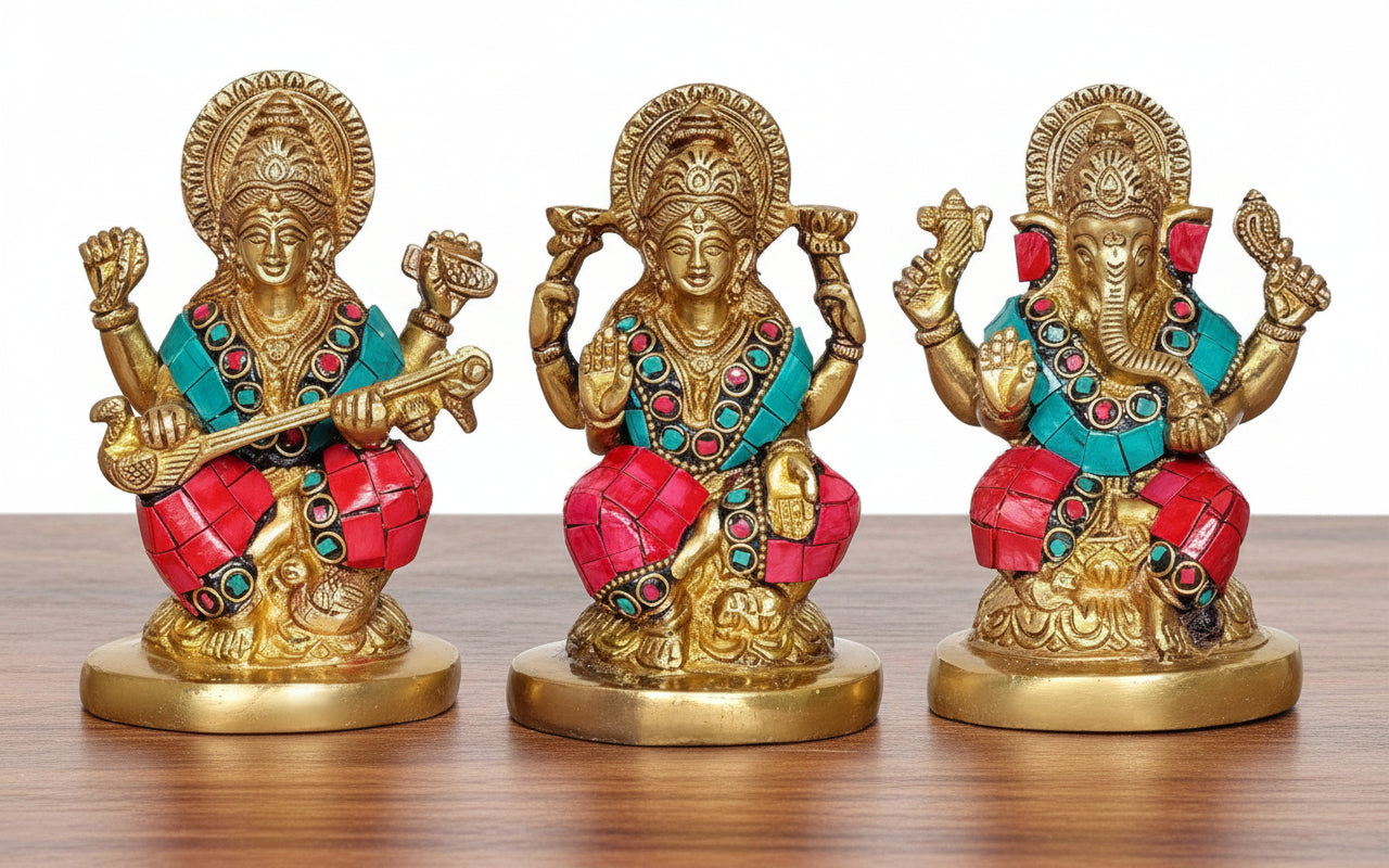 Brass Lakshmi Ganesh Saraswathi Idol with Stonework – Divine Statue for Home & Office Temple