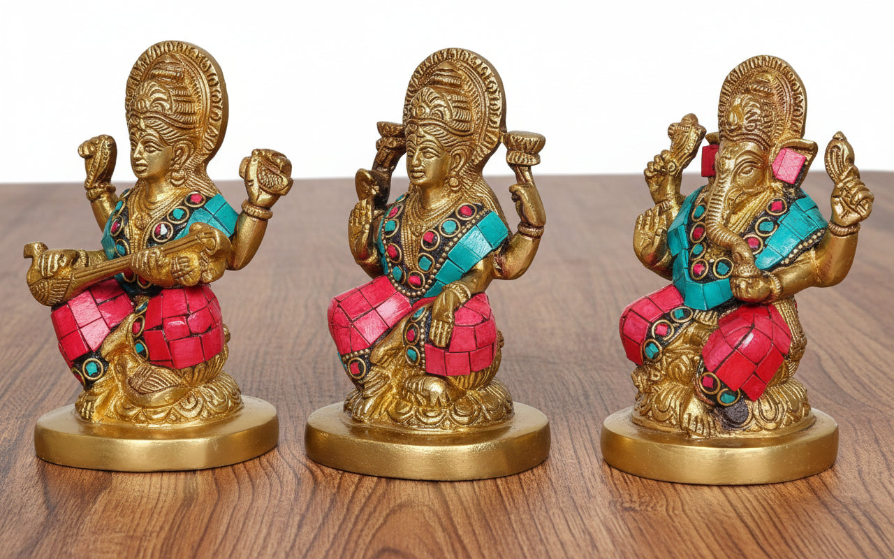 Brass Lakshmi Ganesh Saraswathi Idol with Stonework – Divine Statue for Home & Office Temple