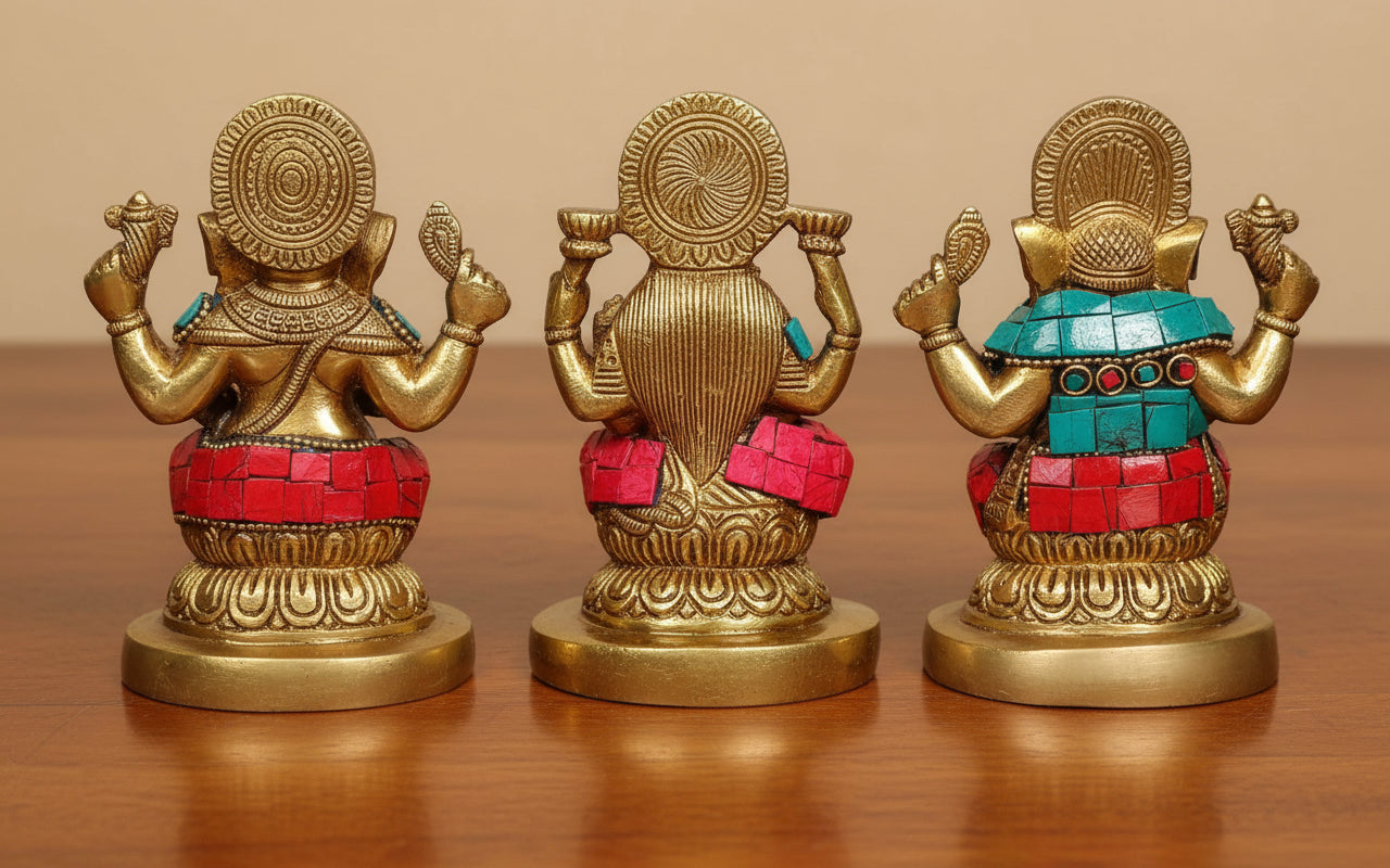 Brass Lakshmi Ganesh Saraswathi Idol with Stonework – Divine Statue for Home & Office Temple