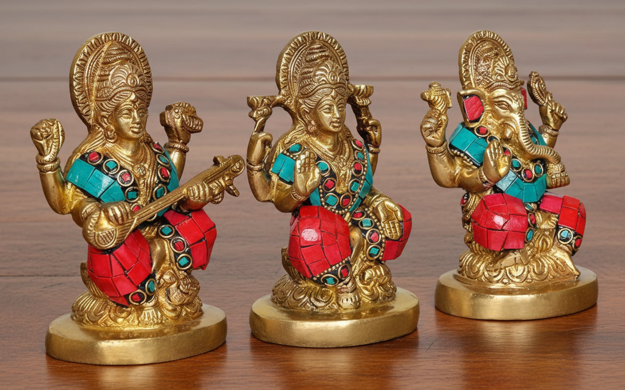 Brass Lakshmi Ganesh Saraswathi Idol with Stonework – Divine Statue for Home & Office Temple