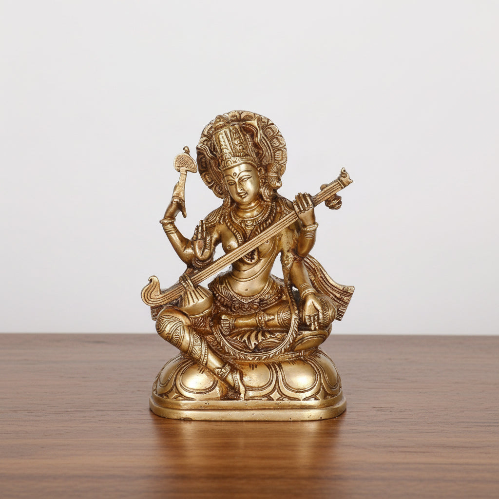 Brass Saraswati Idol – Goddess of Wisdom, Music & Learning for Home & Office Temple