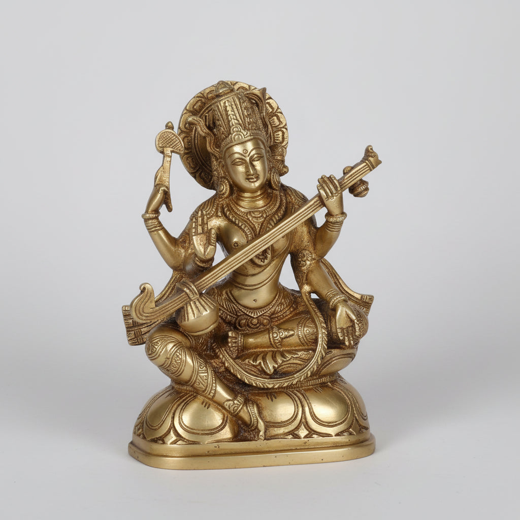 Brass Saraswati Idol – Goddess of Wisdom, Music & Learning for Home & Office Temple