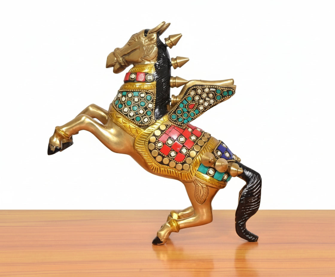 Brass Pegasus Flying Horse Statue with Stonework – 1 Piece Elegant Décor for Home & Office