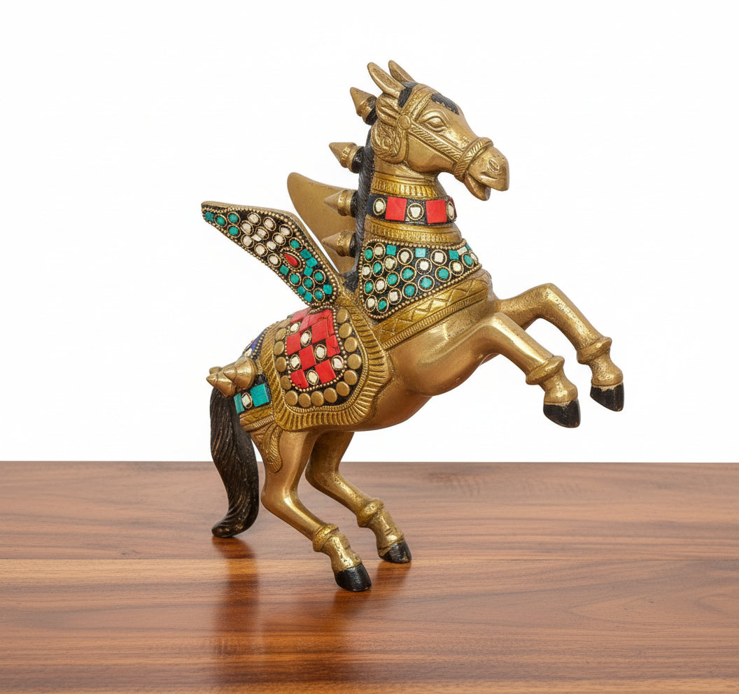 Brass Pegasus Flying Horse Statue with Stonework – 1 Piece Elegant Décor for Home & Office