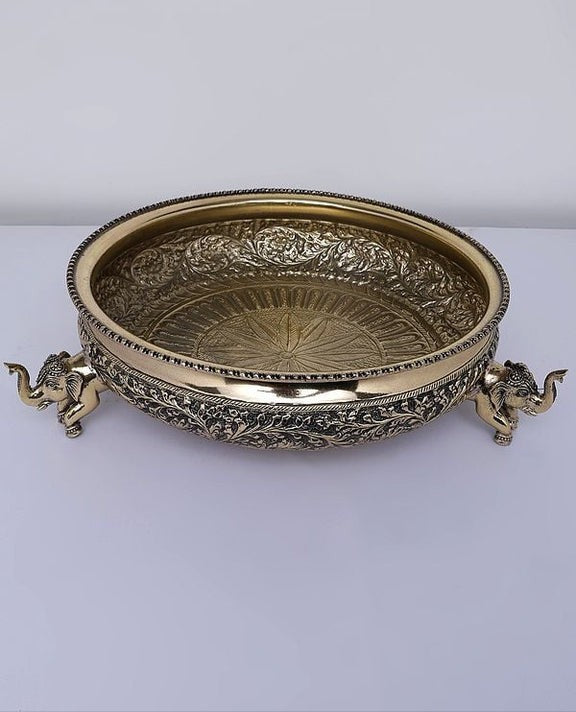 Brass Fully Carved Elephant Urli – 14" Decorative Bowl for Home Décor & Gift Item