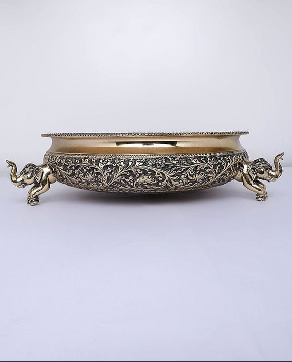 Brass Fully Carved Elephant Urli – 14" Decorative Bowl for Home Décor & Gift Item