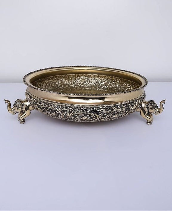 Brass Fully Carved Elephant Urli – 14" Decorative Bowl for Home Décor & Gift Item