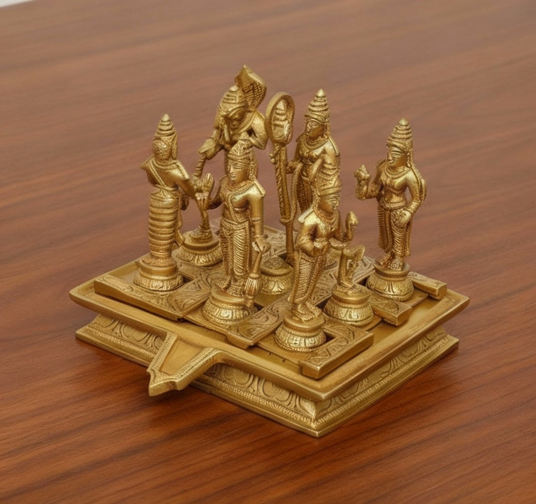 Brass Navgrah Statue on Stand – 9 Planet Deities Idol for Home & Office Temple
