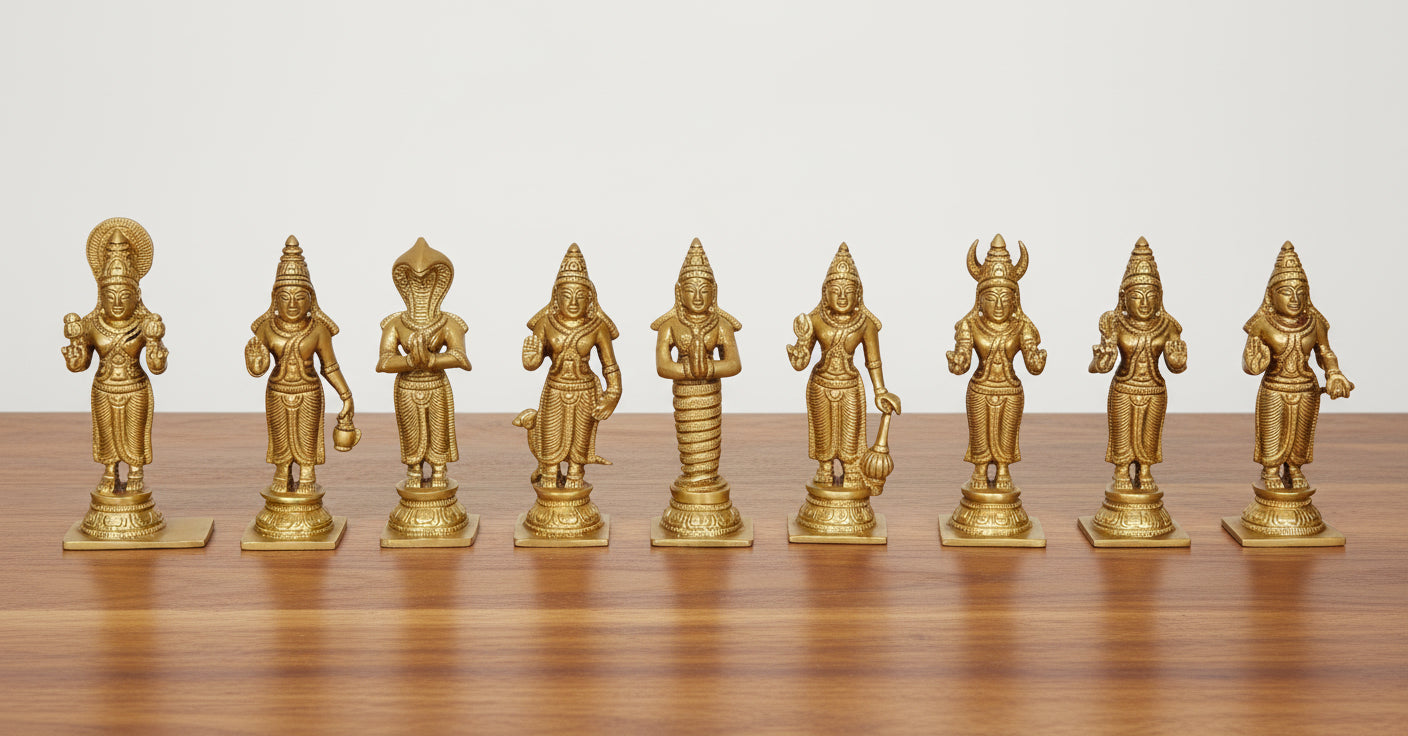 Brass Navgrah Statue on Stand – 9 Planet Deities Idol for Home & Office Temple