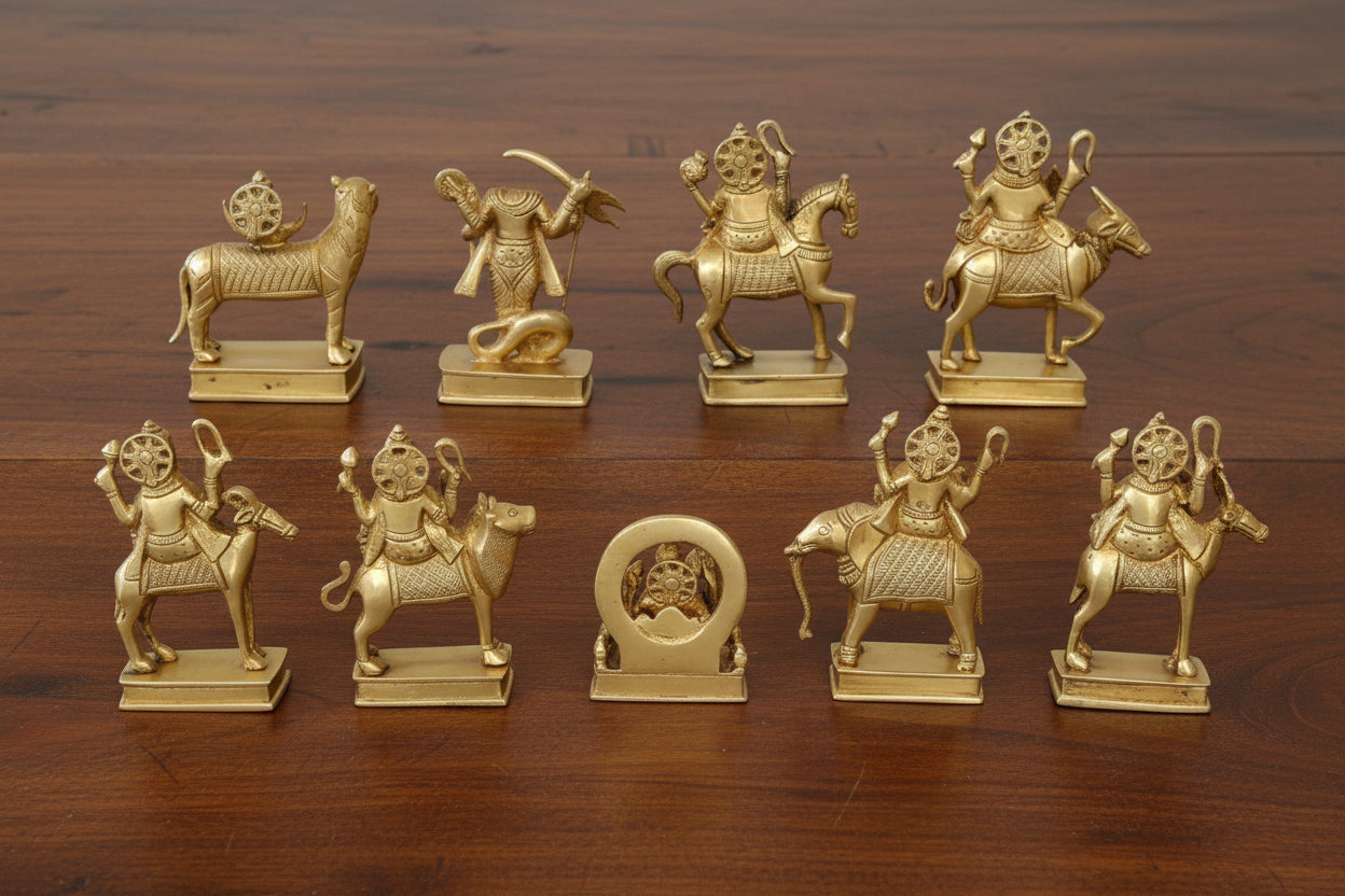 Brass Navgrah Statue – Big Size Idol of 9 Planet Deities on Stand for Home & Temple