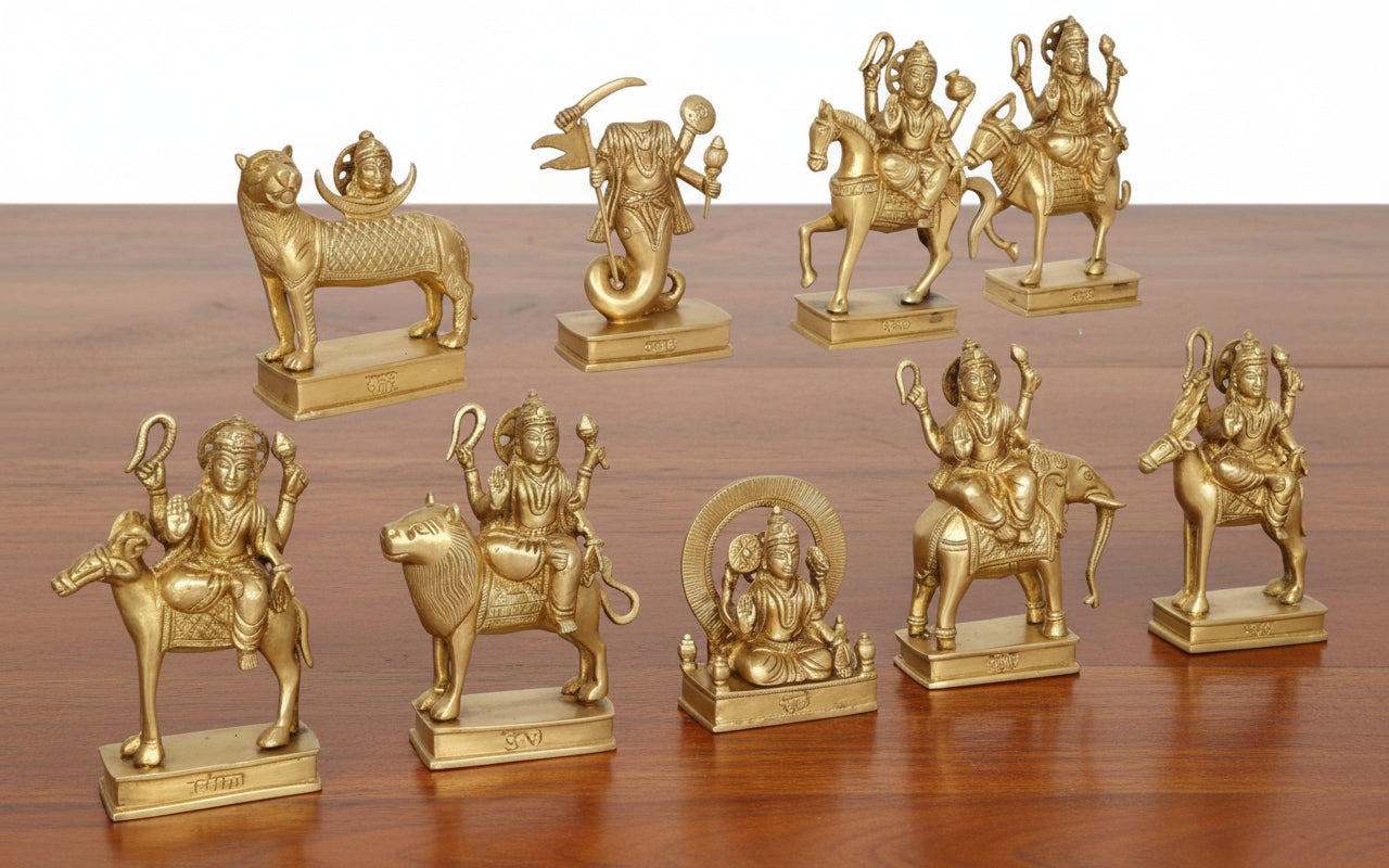 Brass Navgrah Statue – Big Size Idol of 9 Planet Deities on Stand for Home & Temple