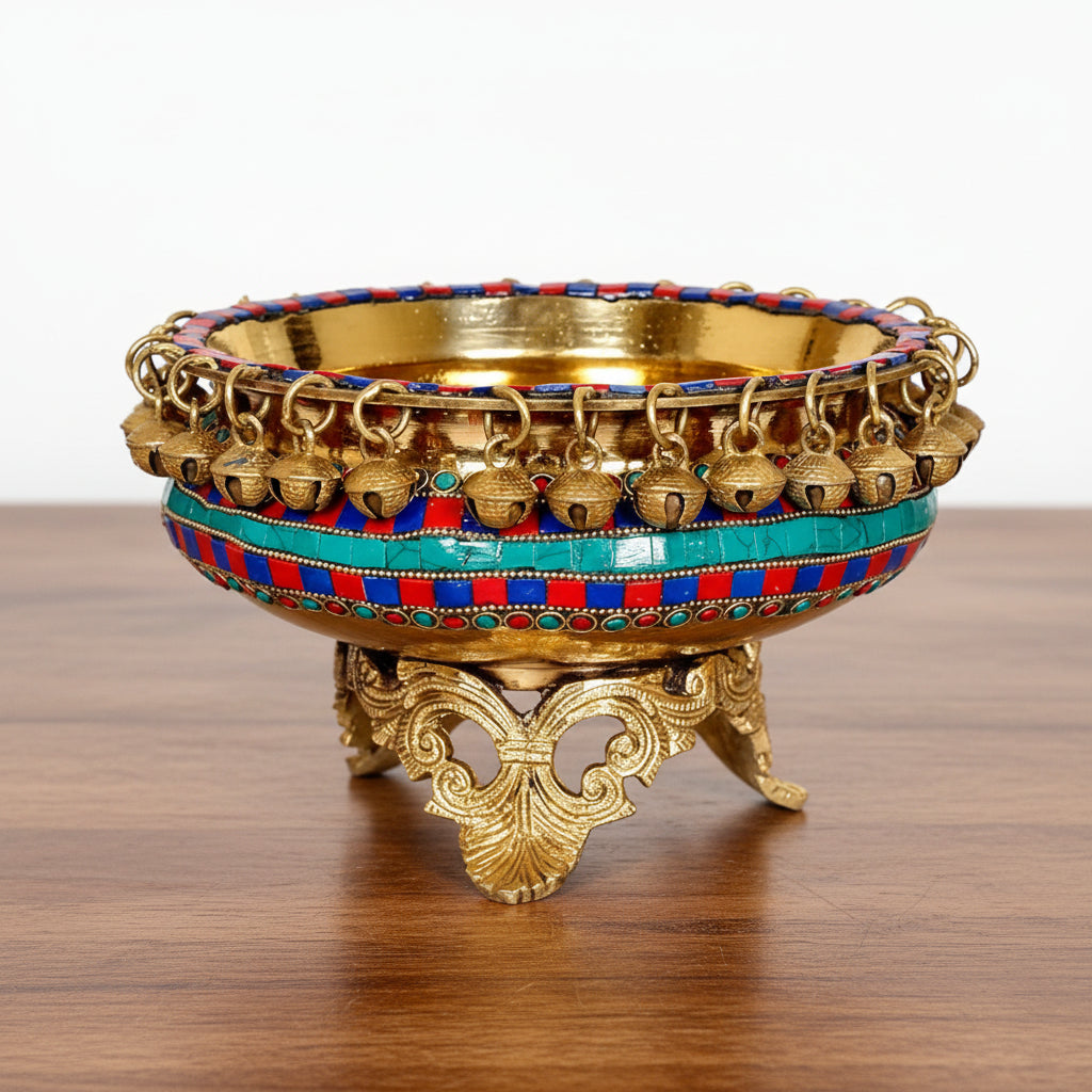 Brass Stonework Urli with Stand – Decorative Bowl for Home & Temple Décor