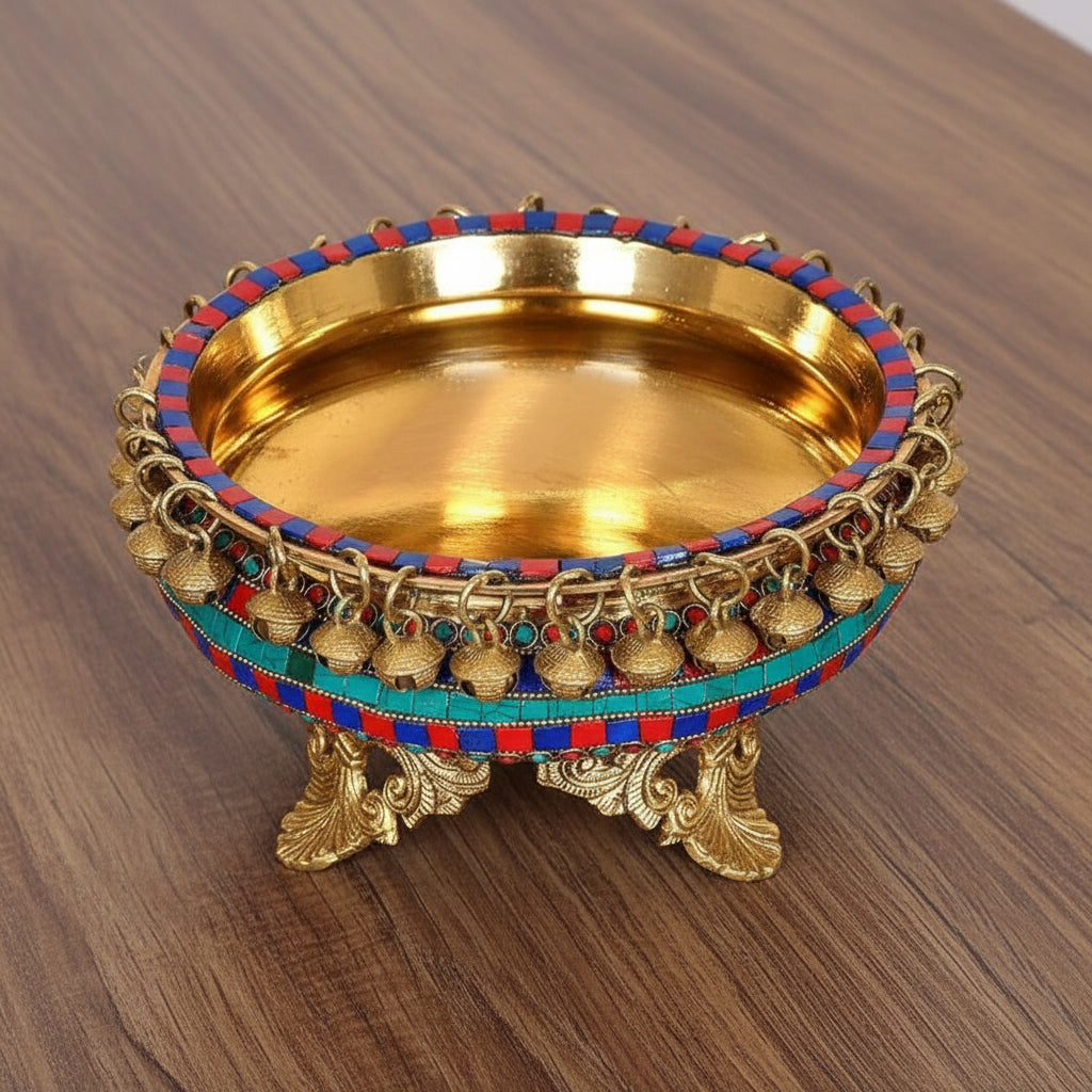 Brass Stonework Urli with Stand – Decorative Bowl for Home & Temple Décor