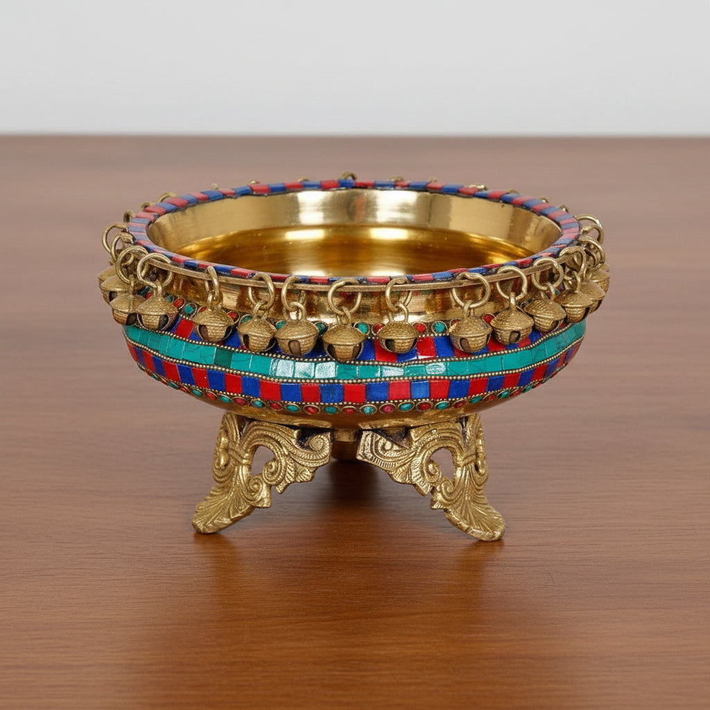 Brass Stonework Urli with Stand – Decorative Bowl for Home & Temple Décor