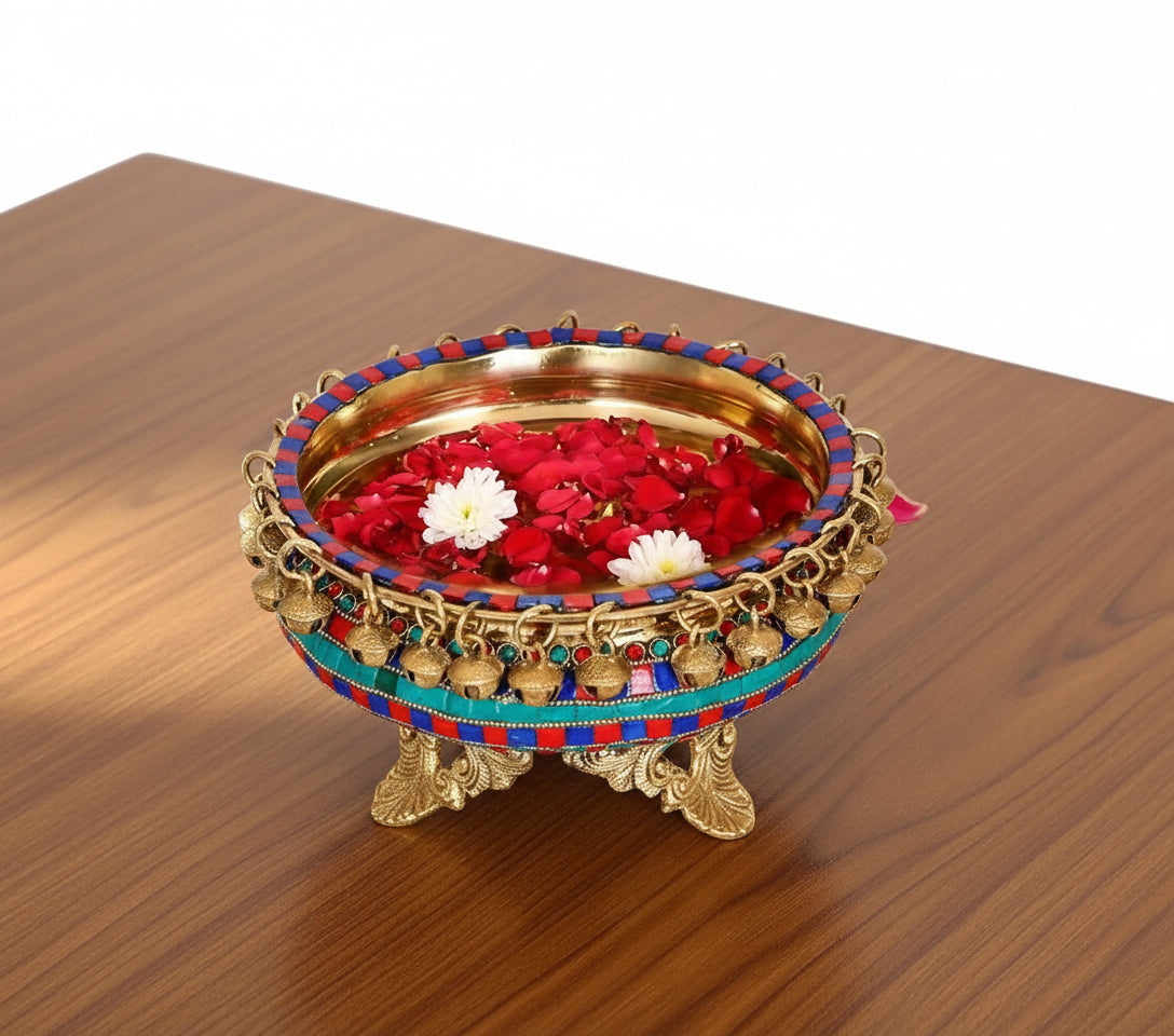 Brass Stonework Urli with Stand – Decorative Bowl for Home & Temple Décor