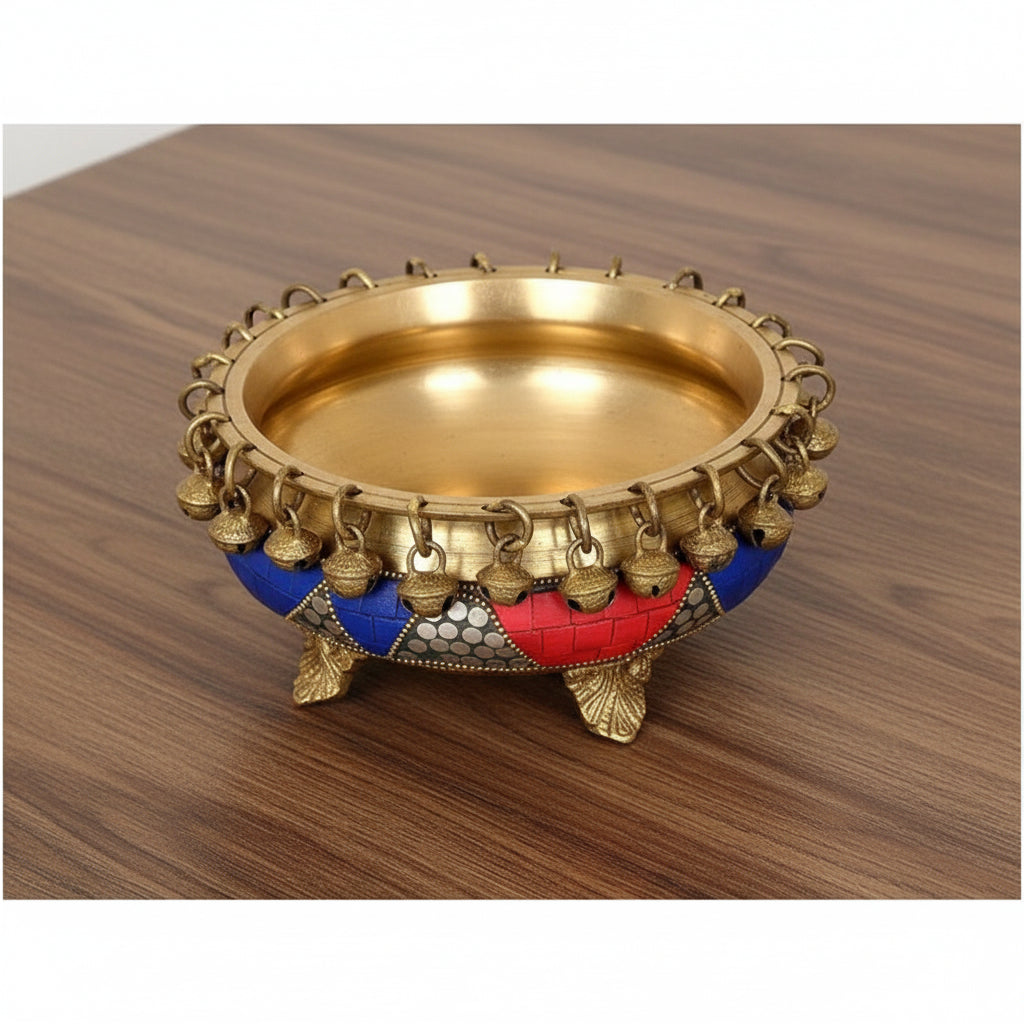 Brass Stonework Urli with Stand – Decorative Bowl for Home & Temple Décor, 6.5"