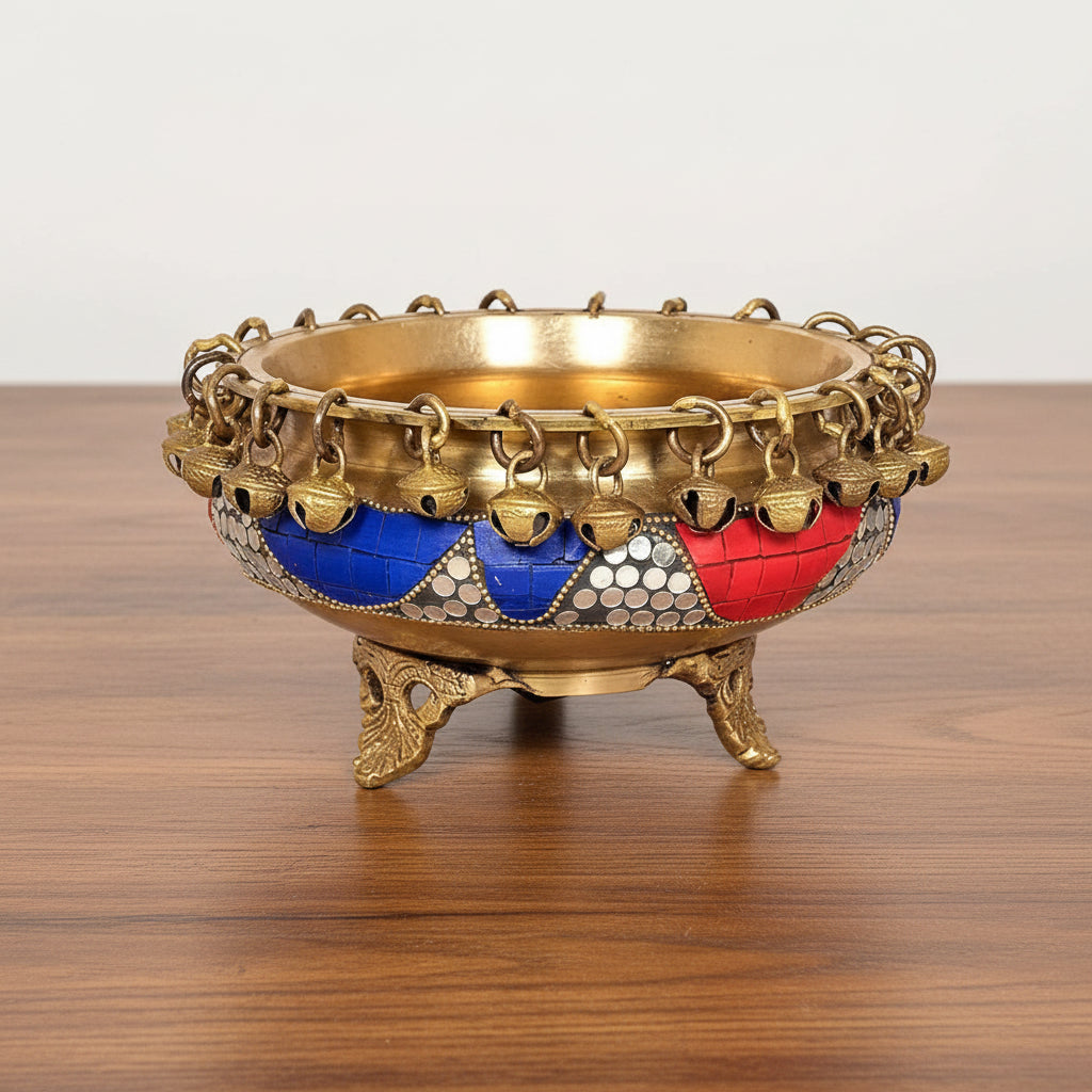 Brass Stonework Urli with Stand – Decorative Bowl for Home & Temple Décor, 6.5"