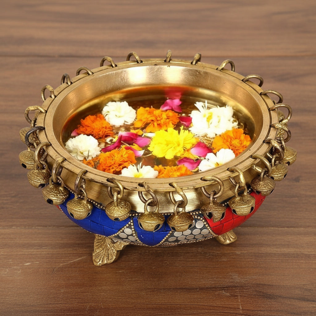 Brass Stonework Urli with Stand – Decorative Bowl for Home & Temple Décor, 6.5"