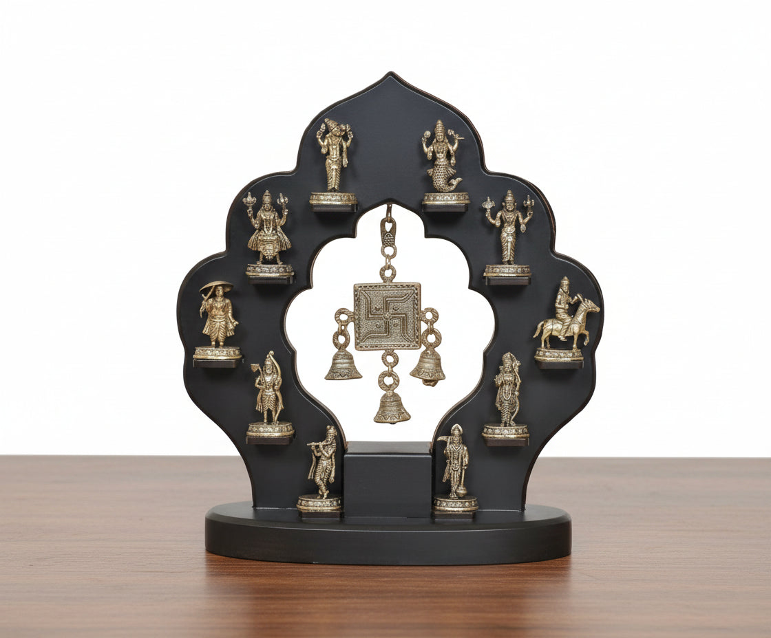 Brass Dasavatar with Wooden Frame – Vishnu’s Ten Incarnations for Home & Temple Décor
