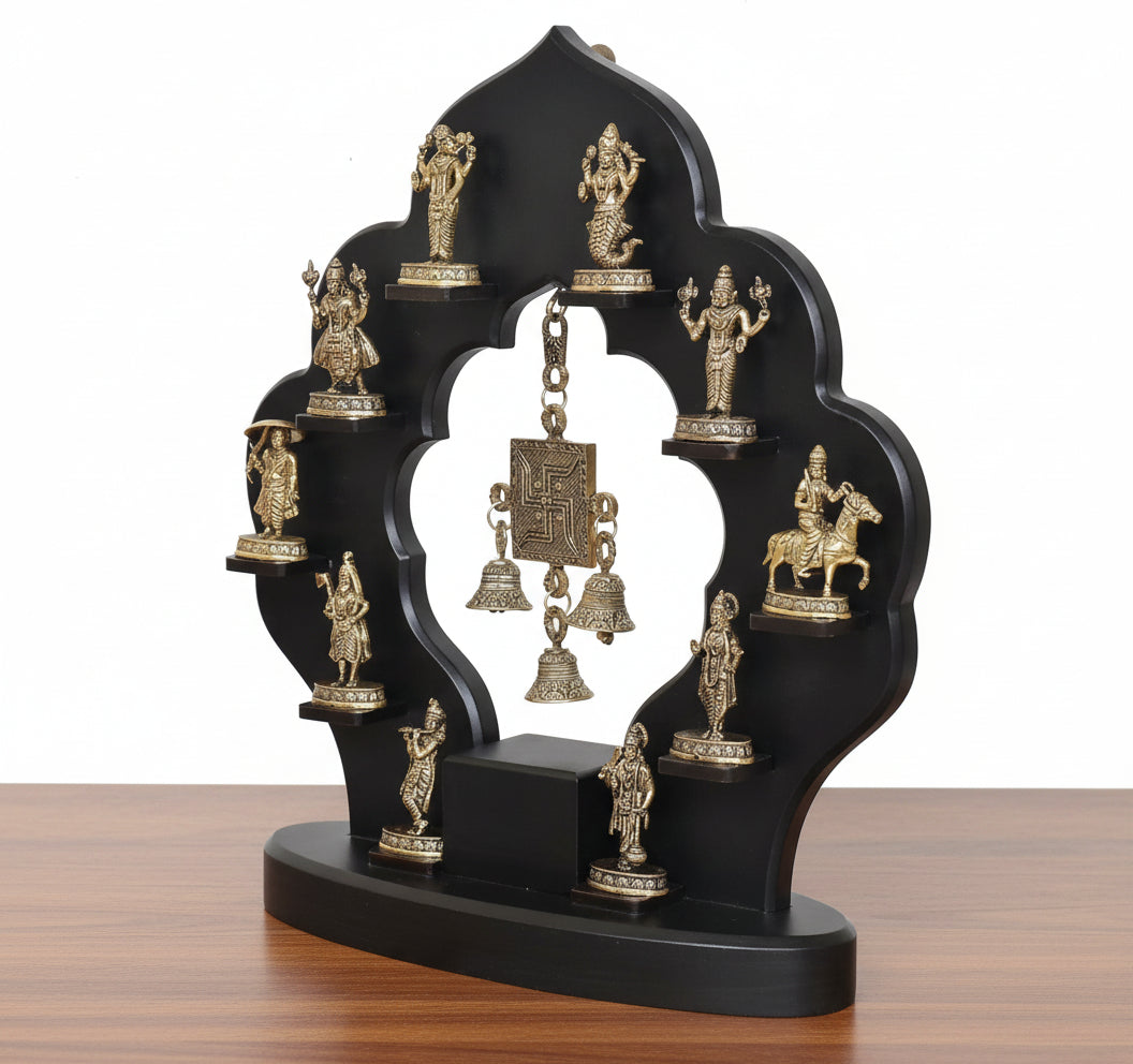 Brass Dasavatar with Wooden Frame – Vishnu’s Ten Incarnations for Home & Temple Décor