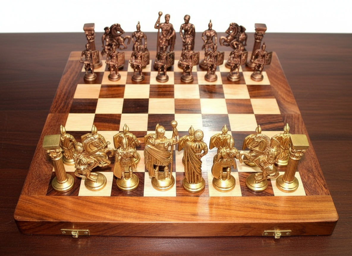 Brass Chess Set with Roman Coins – 16" Board for Home Décor & Collectors