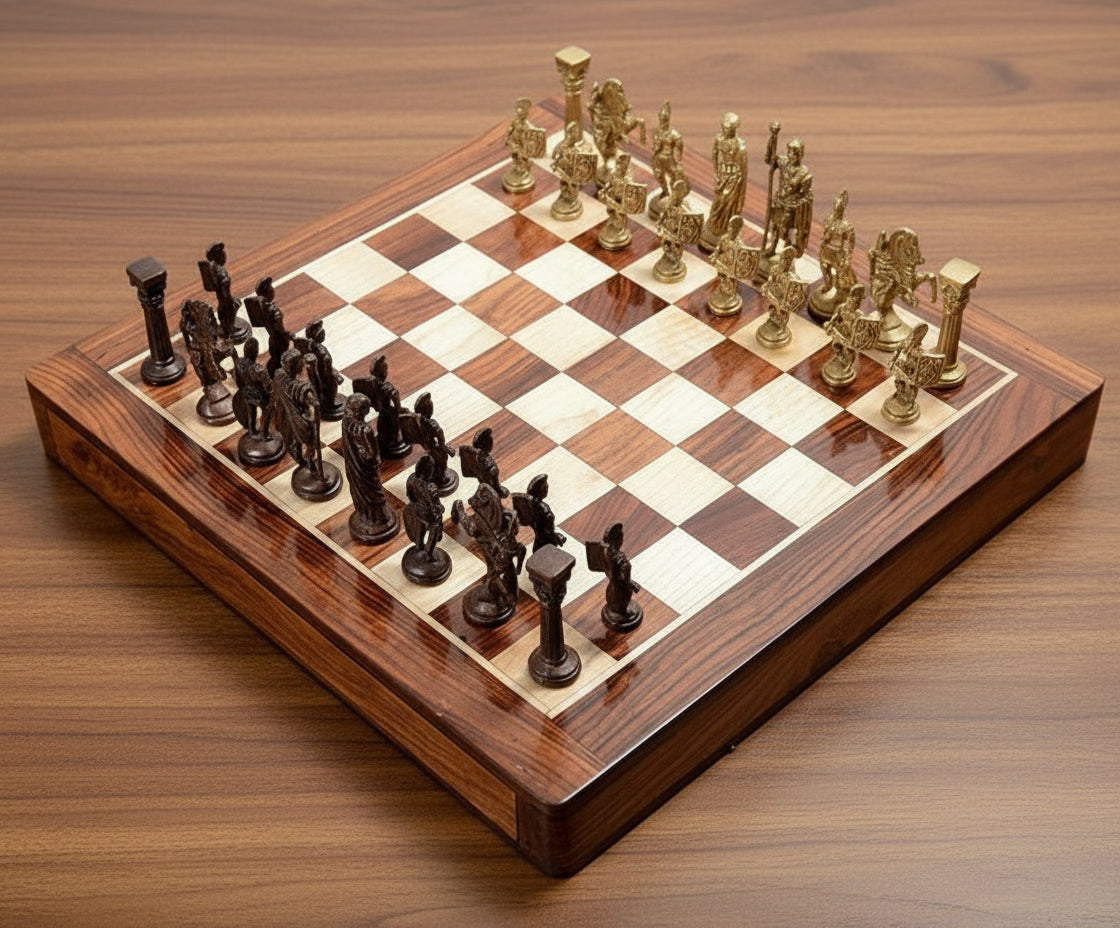 Brass Chess Set with Roman Coins – 16" Board for Home Décor & Collectors