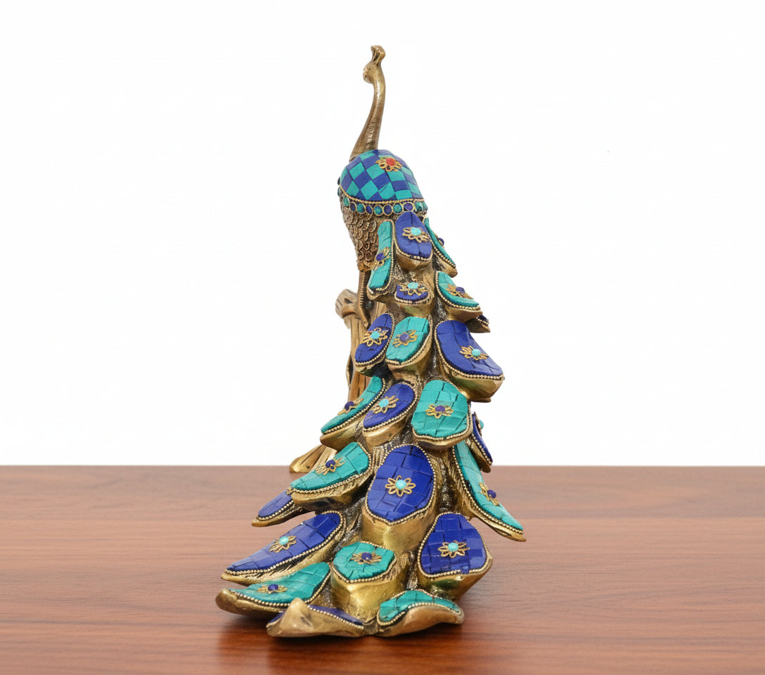 Brass Peacock Sitting on Tree Trunk with Stonework – Decorative Idol for Home & Gift