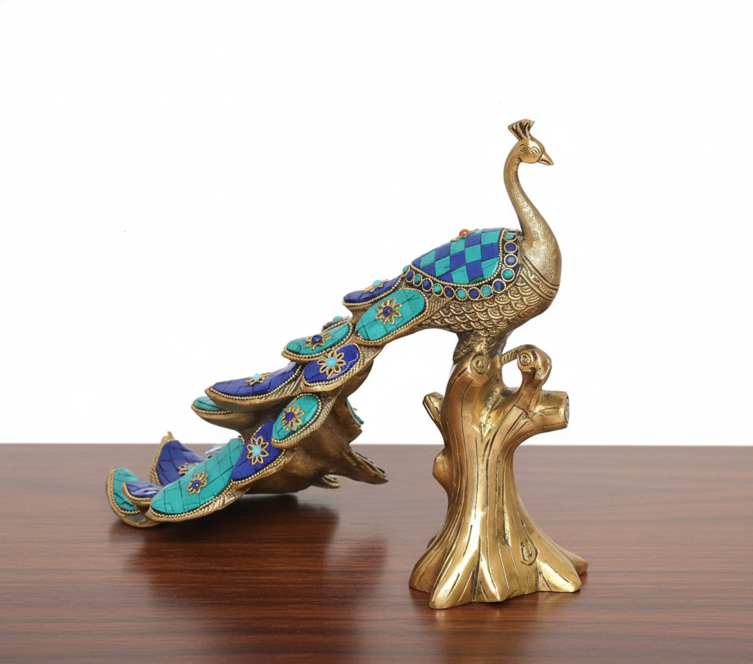 Brass Peacock Sitting on Tree Trunk with Stonework – Decorative Idol for Home & Gift
