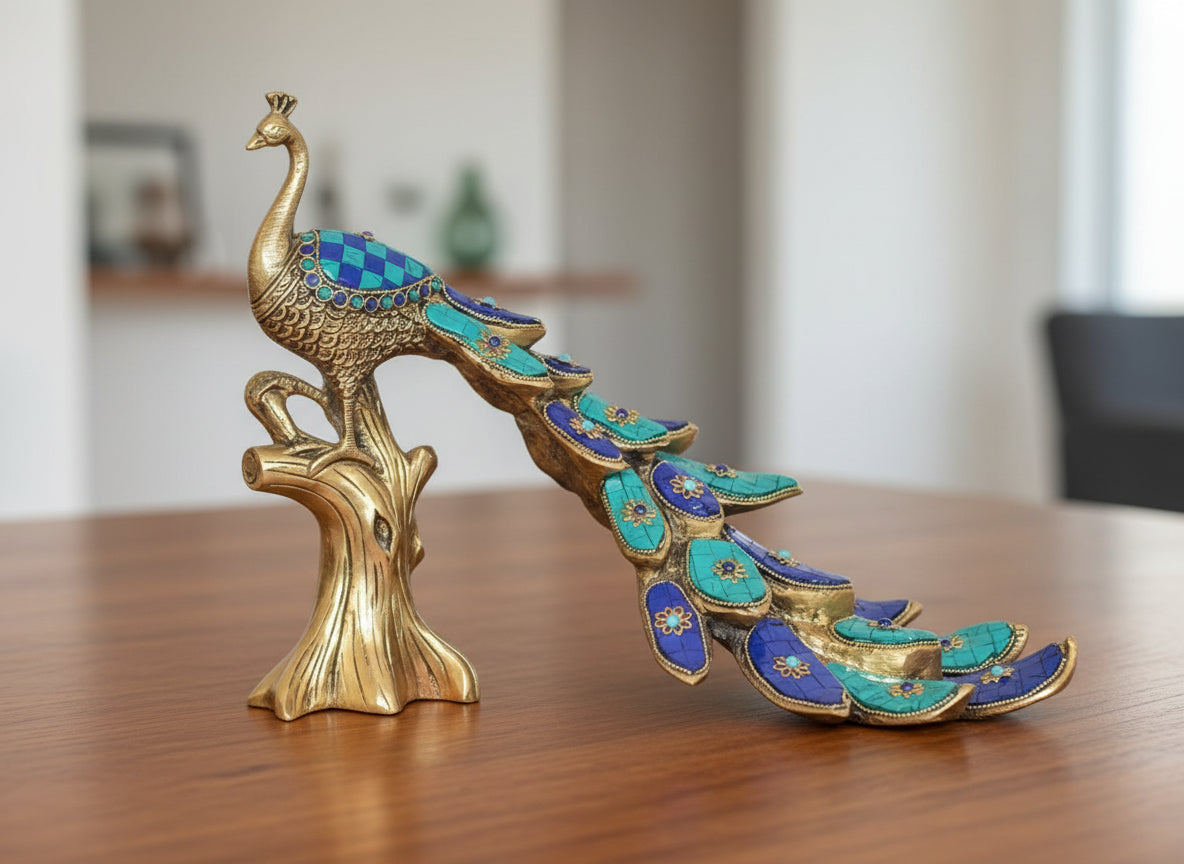 Brass Peacock Sitting on Tree Trunk with Stonework – Decorative Idol for Home & Gift