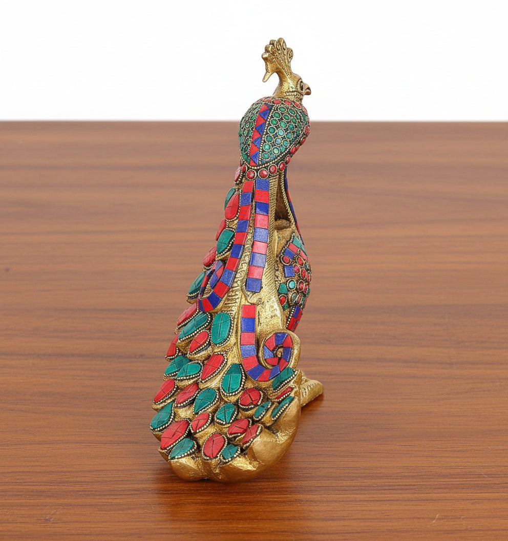 Brass Peacock Sitting with Stonework – Decorative Idol for Home & Gift