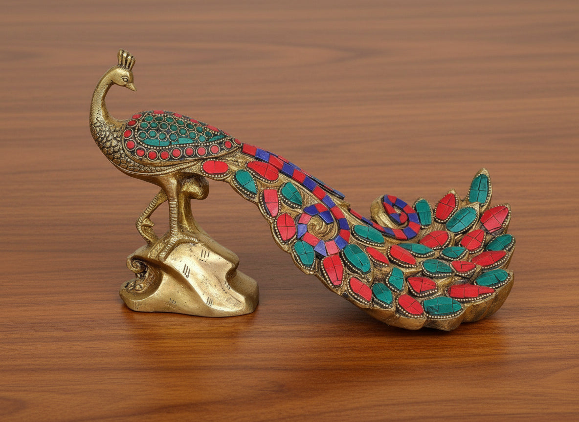 Brass Peacock Sitting with Stonework – Decorative Idol for Home & Gift