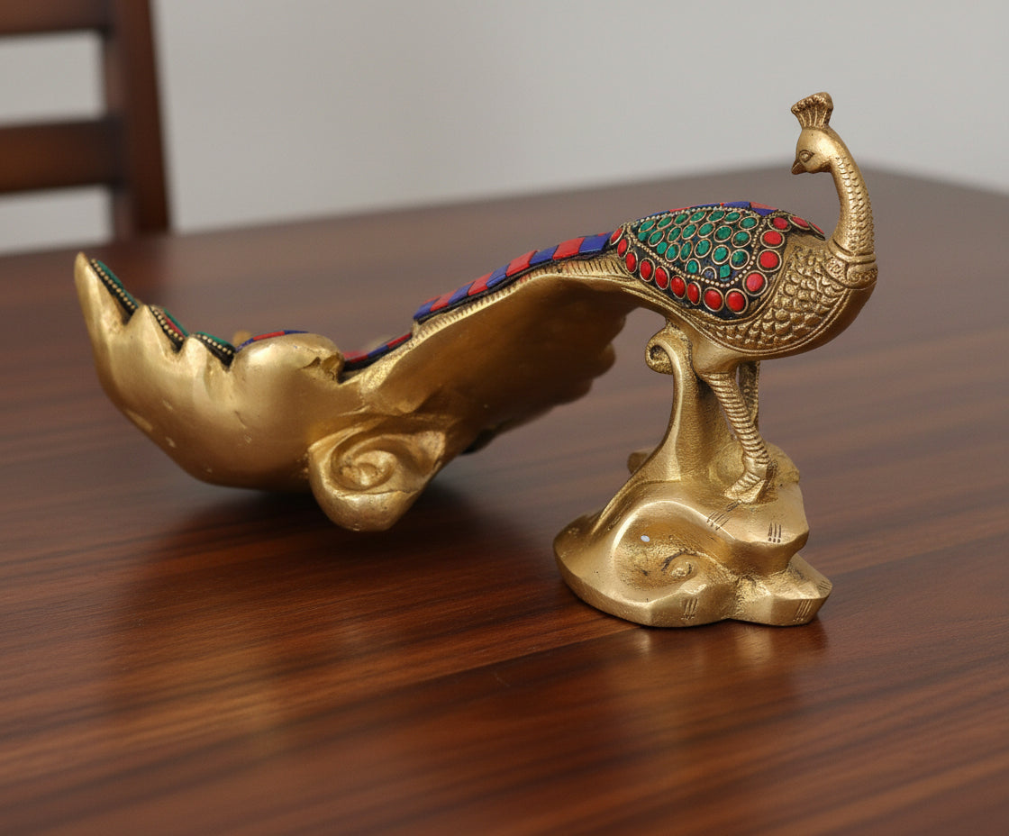 Brass Peacock Sitting with Stonework – Decorative Idol for Home & Gift