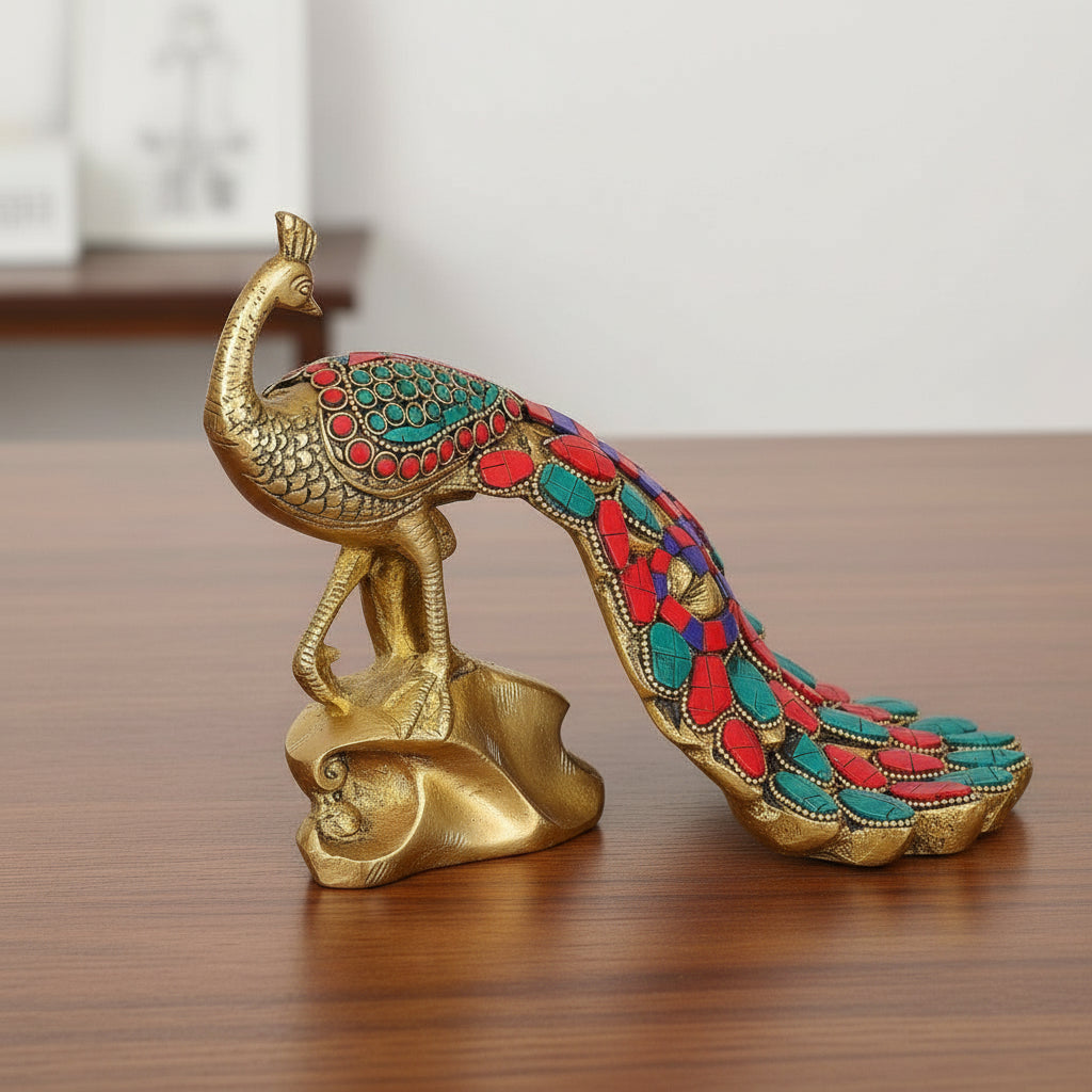 Brass Peacock Sitting with Stonework – Decorative Idol for Home & Gift