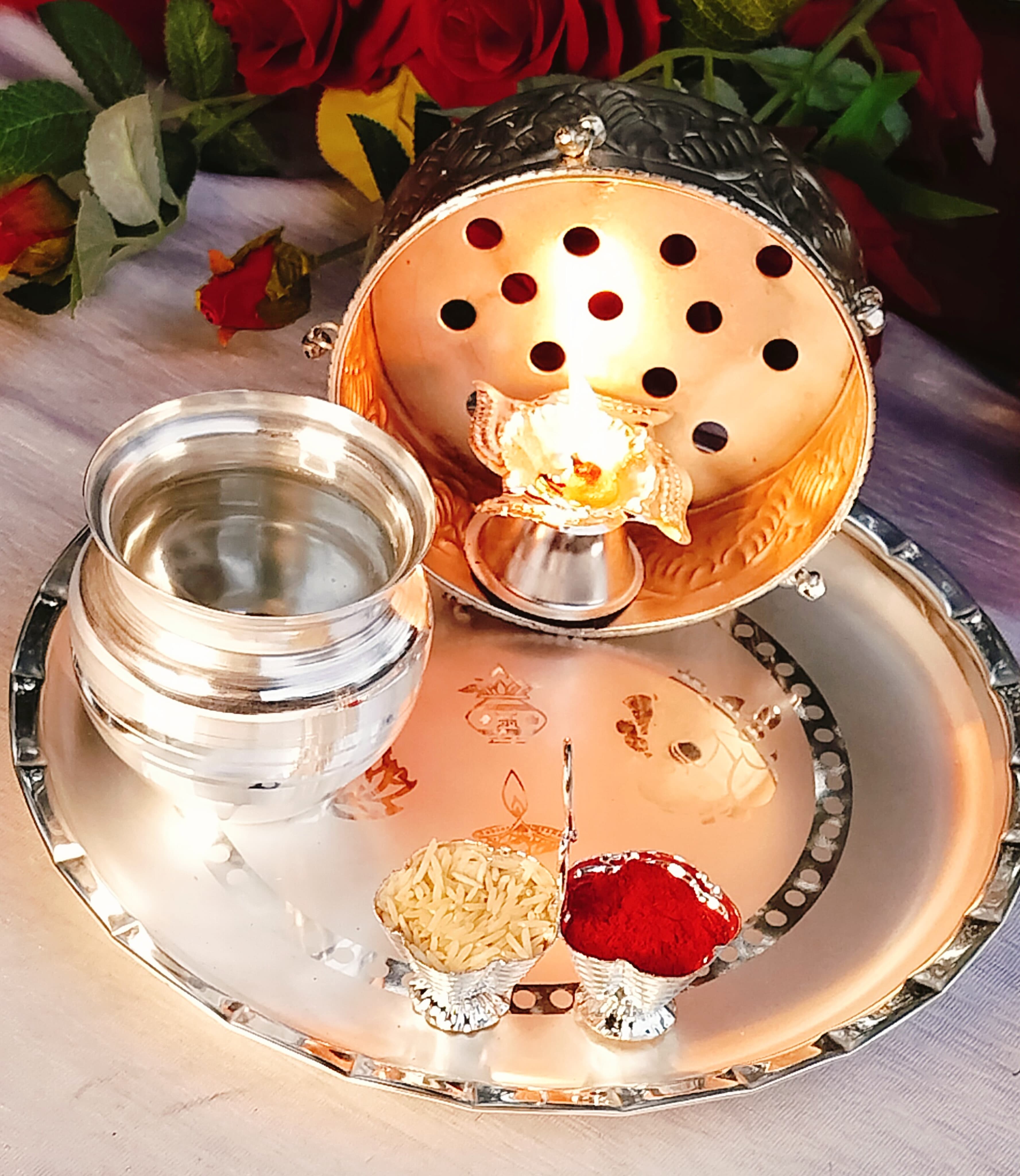 German silver karwa chauth/Diwali/housewarming combo pooja thali set