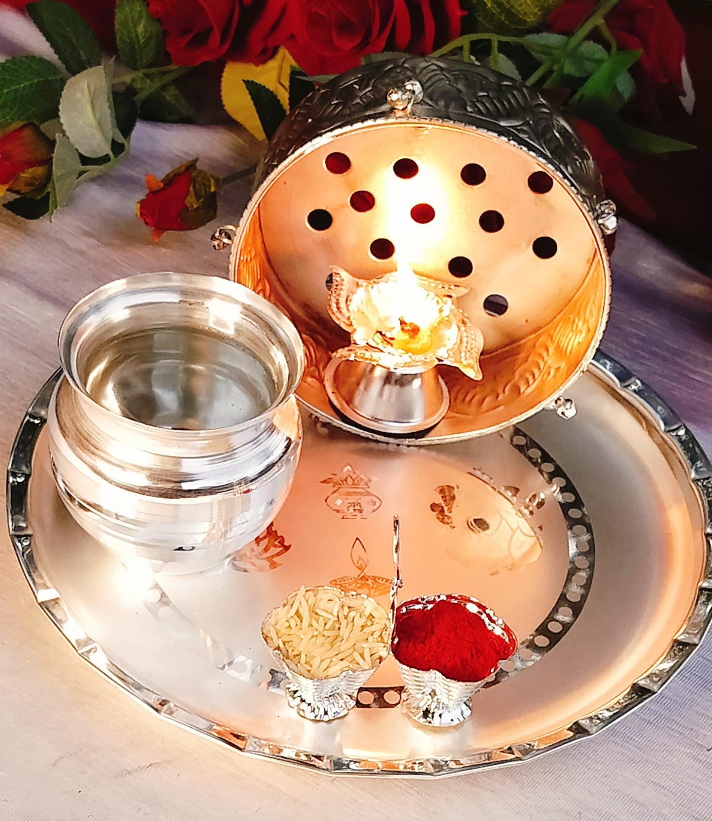 german silver karwa chauth/diwali/houswarming combo pooja thali set