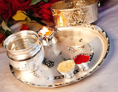 german silver karwa chauth/diwali/houswarming combo pooja thali set