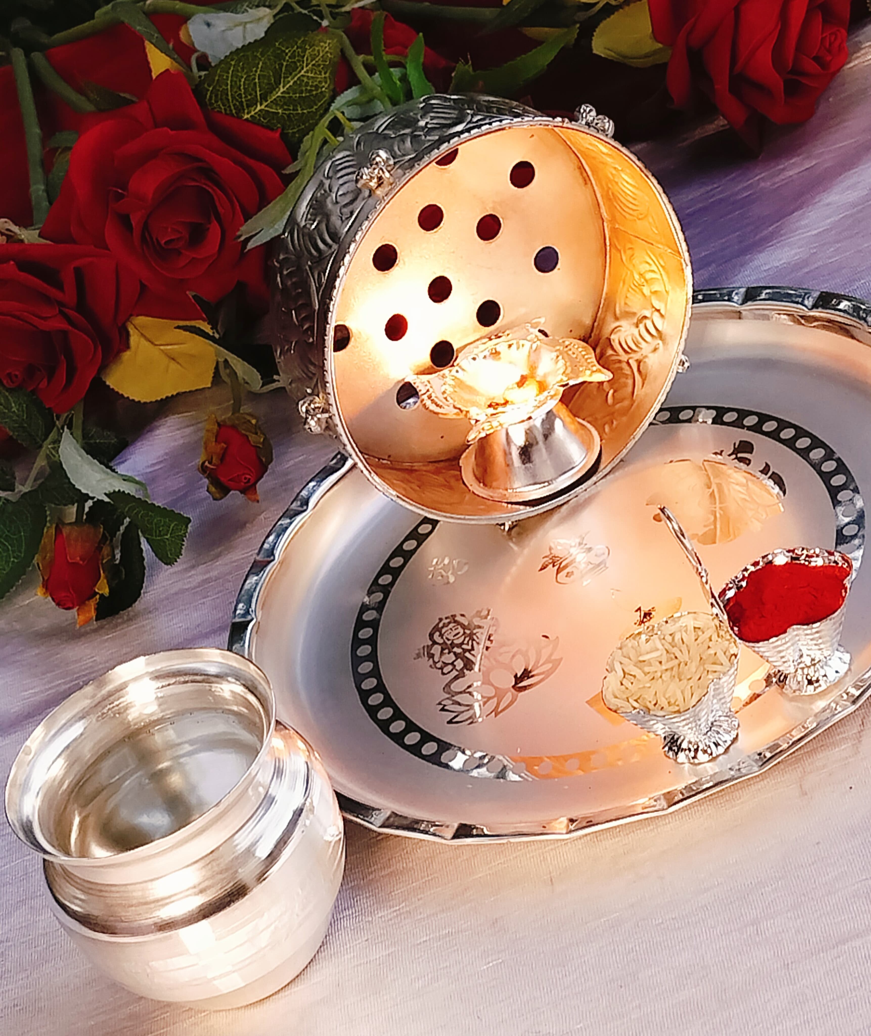 German silver karwa chauth/Diwali/housewarming combo pooja thali set