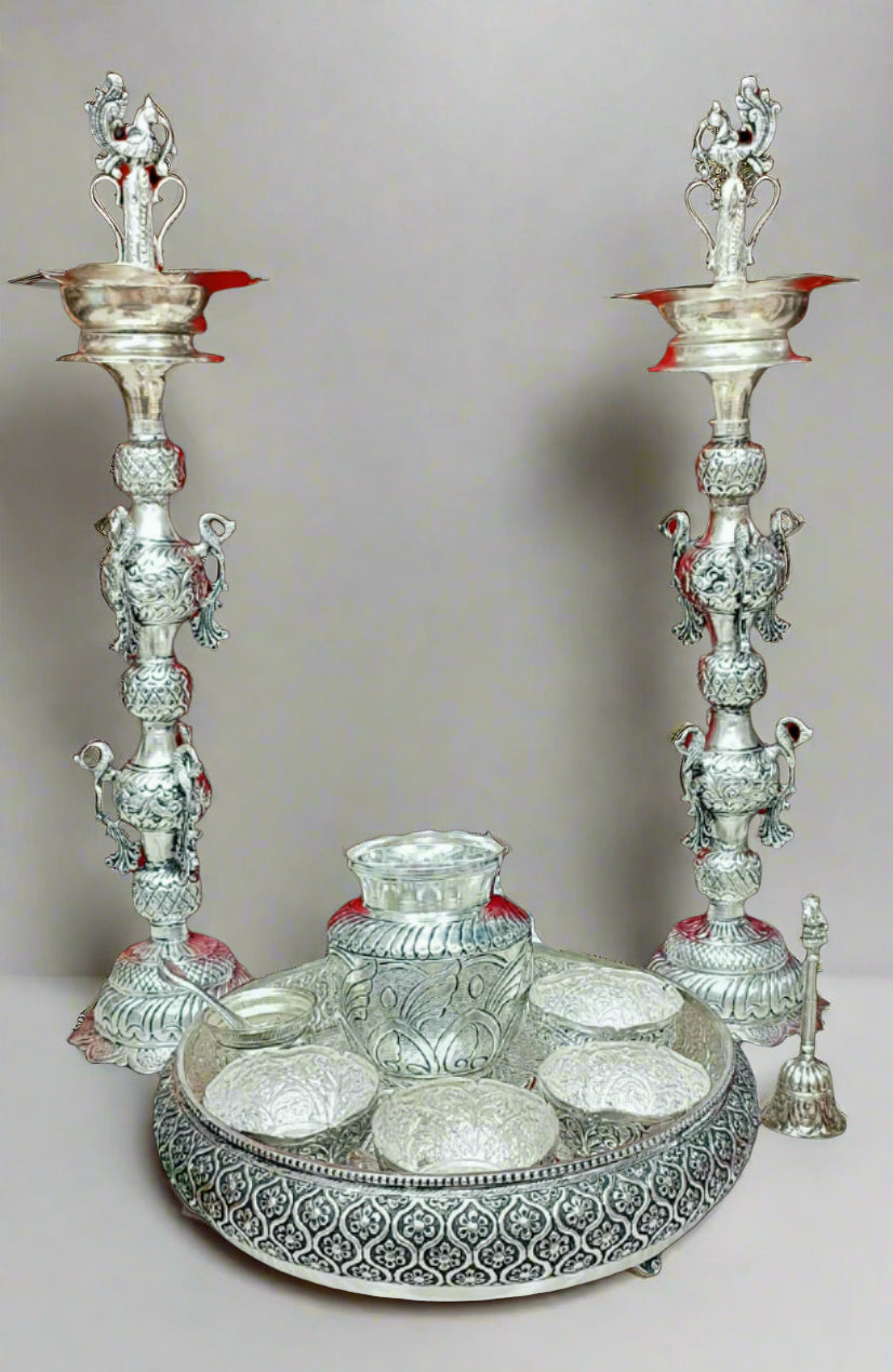 German Silver Pooja Set Combo with Big Size 25 inch Deepa Pair