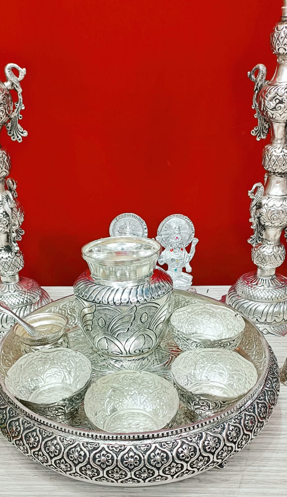 German Silver Pooja Set Combo with Big Size 25 inch Deepa Pair