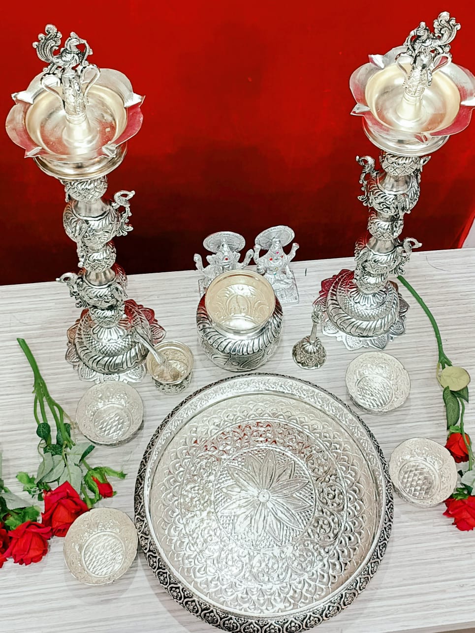 German Silver Pooja Set Combo with Big Size 25 inch Deepa Pair