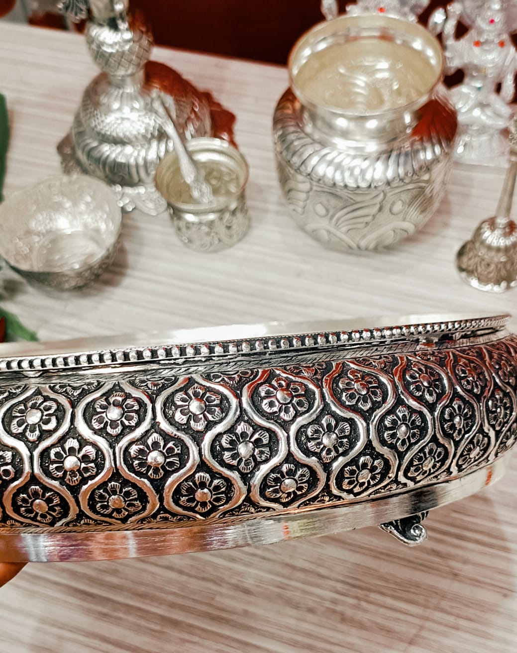 German Silver Pooja Set Combo with Big Size 25 inch Deepa Pair