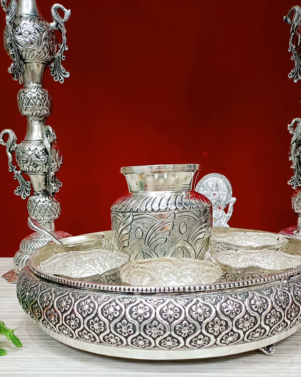 German Silver Pooja Set Combo with Big Size 25 inch Deepa Pair