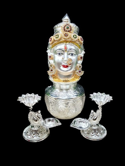 German silver pooja item set of mukut/mask, kalash, 2 peacock diya for diwali/housewarming pooja/ vara lakshmi set