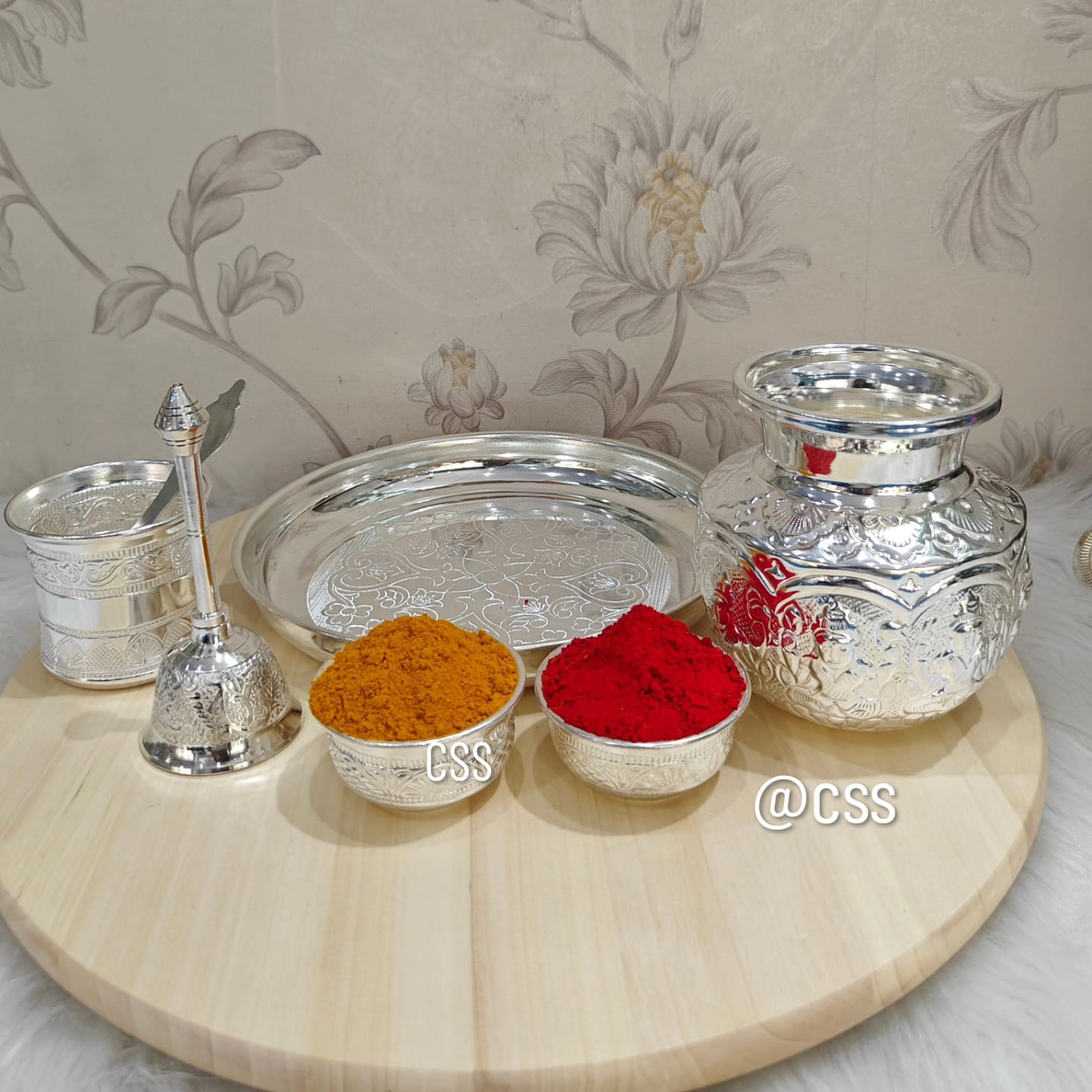 German silver pooja thali set of 7 pieces for diwali pooja/ housewarming/ gift item