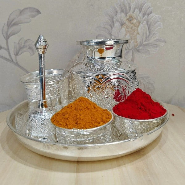 German Silver Pooja Thali Set Of 7 Pieces For Diwali Pooja/Housewarming/Gift Item