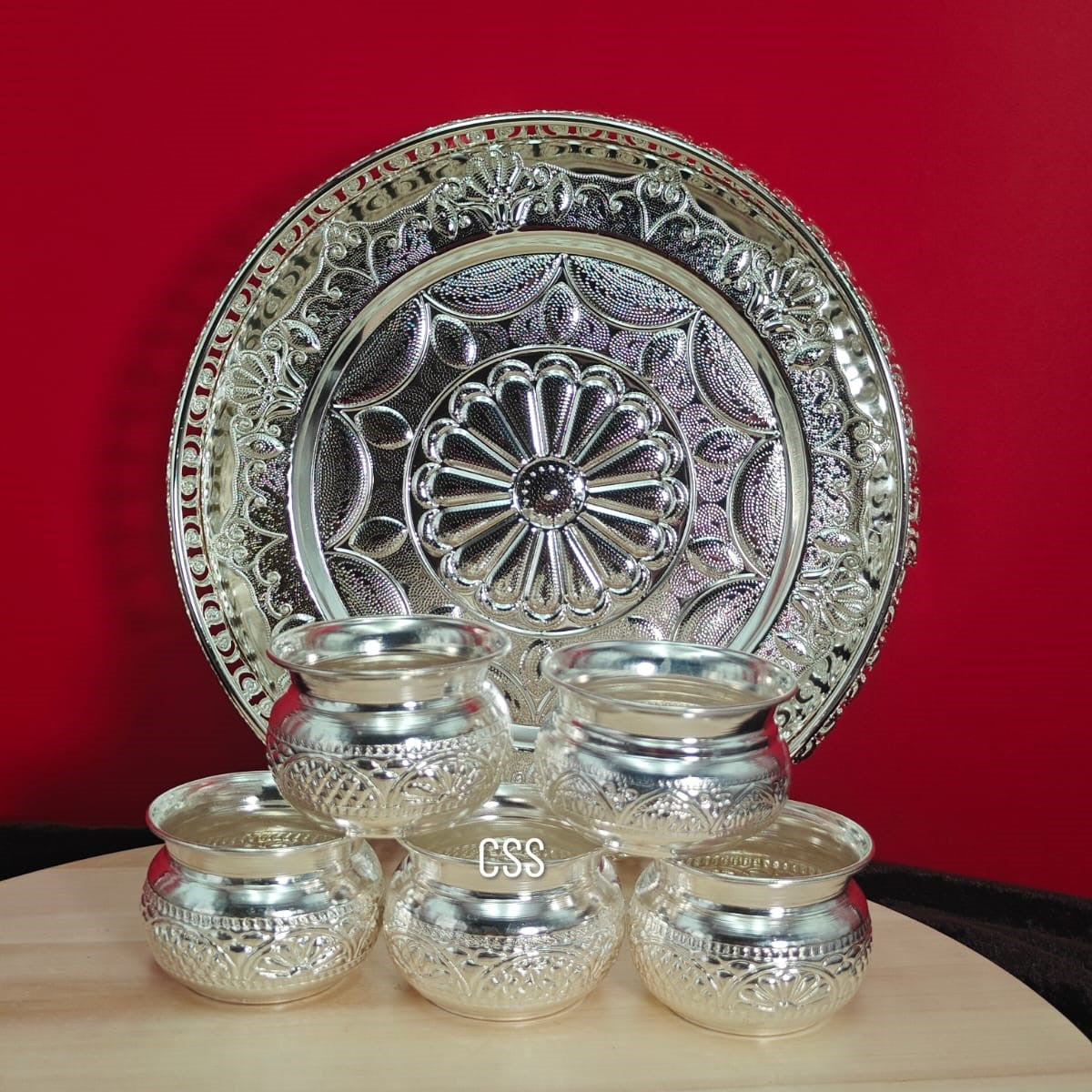 German silver tray with nakshi bowl set of 6 pieces for diwali pooja/ housewarming pooja/ gift item